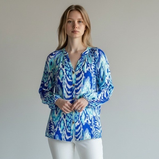 Lilly Pulitzer Elsa Top Women Small Blue Tropi Call Me Pineapple Ikat Blouse